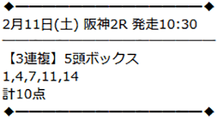 2月11日（土） 阪神2R 3歳未勝利の買い目
