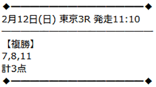 2月12日（日） 東京3R 3歳未勝利の買い目